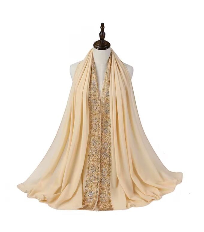 Women Chiffon Gold Beads Muslim Head Scarf Hijab Hat jehouze Beige 