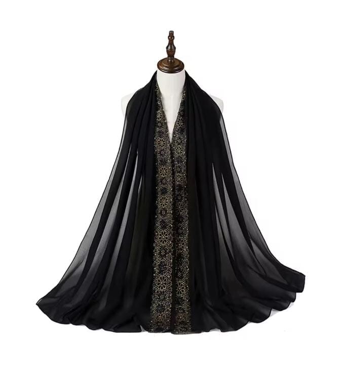 Women Chiffon Gold Beads Muslim Head Scarf Hijab Hat jehouze Black 