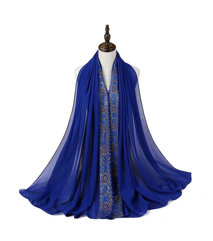 Women Chiffon Gold Beads Muslim Head Scarf Hijab Hat jehouze Royal Blue 