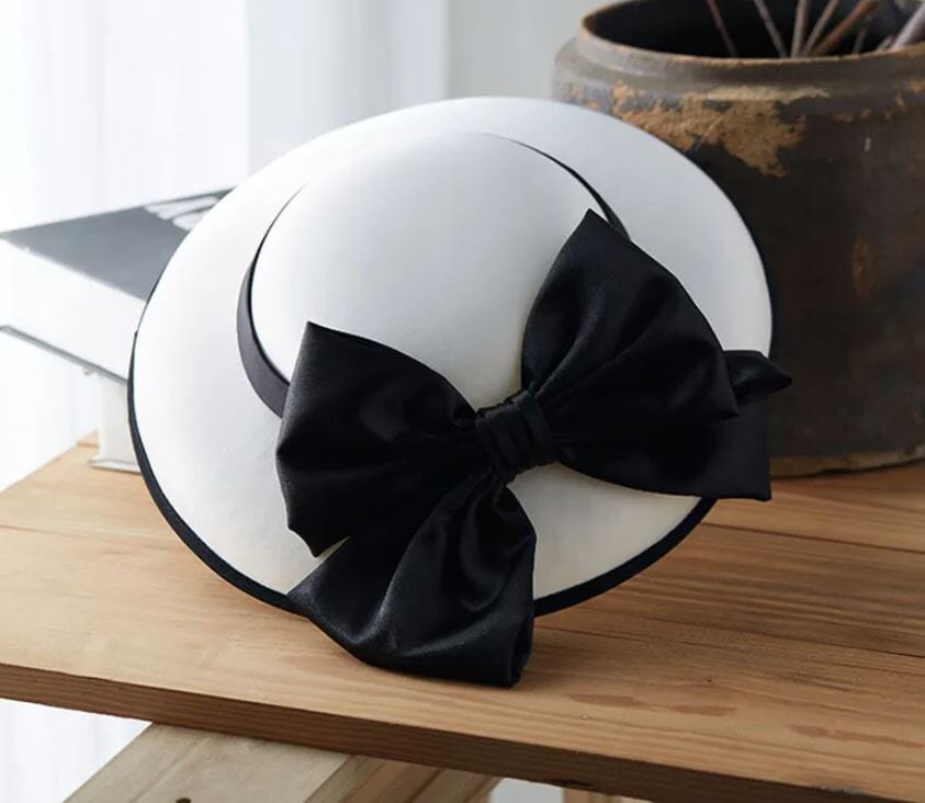 Women Church Derby Hat Wide Brim Bow Wedding Fascinator Bridal Tea Part Dress Hat_ Hat jehouze White/Black 