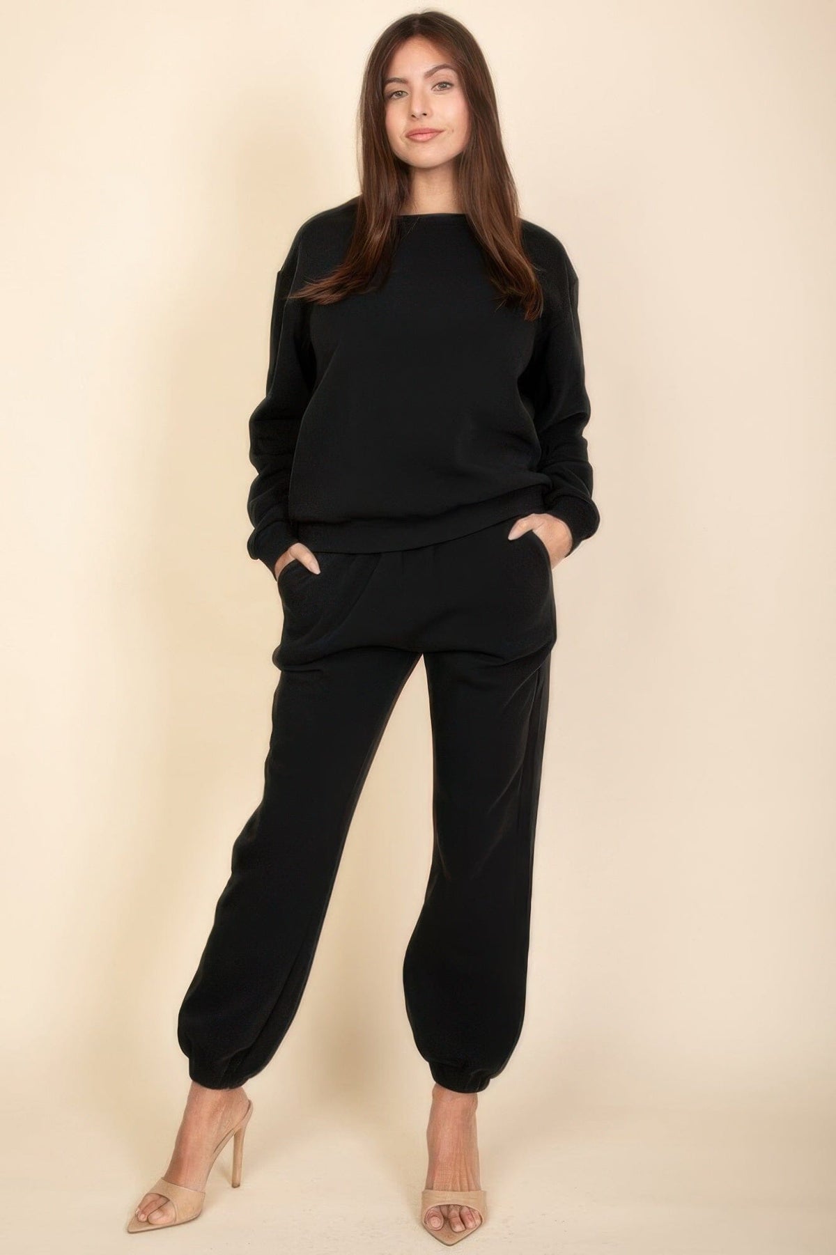 Women Classic Poly Fleece Crewneck Pullover Top Outerwear jehouze Black S 