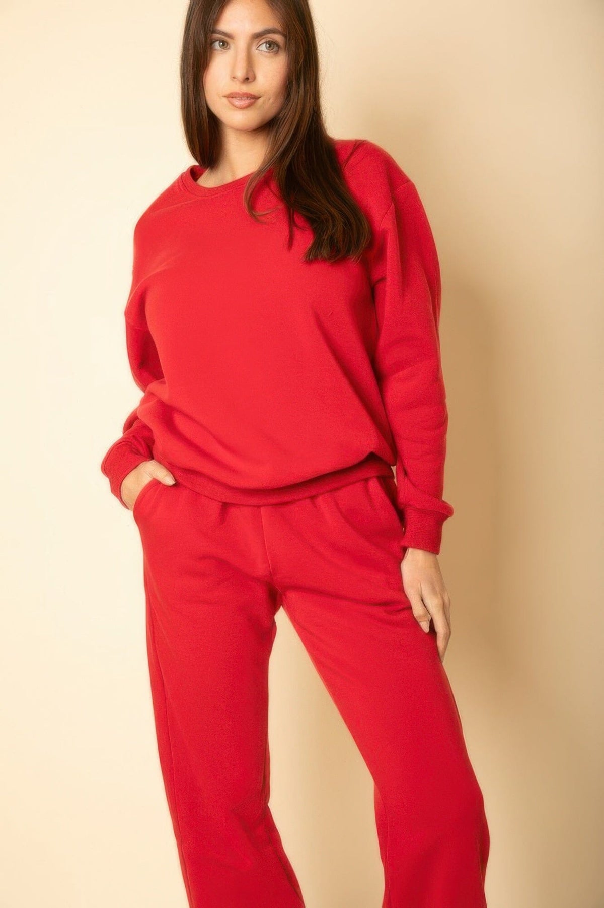 Women Classic Poly Fleece Crewneck Pullover Top Outerwear jehouze Red S 
