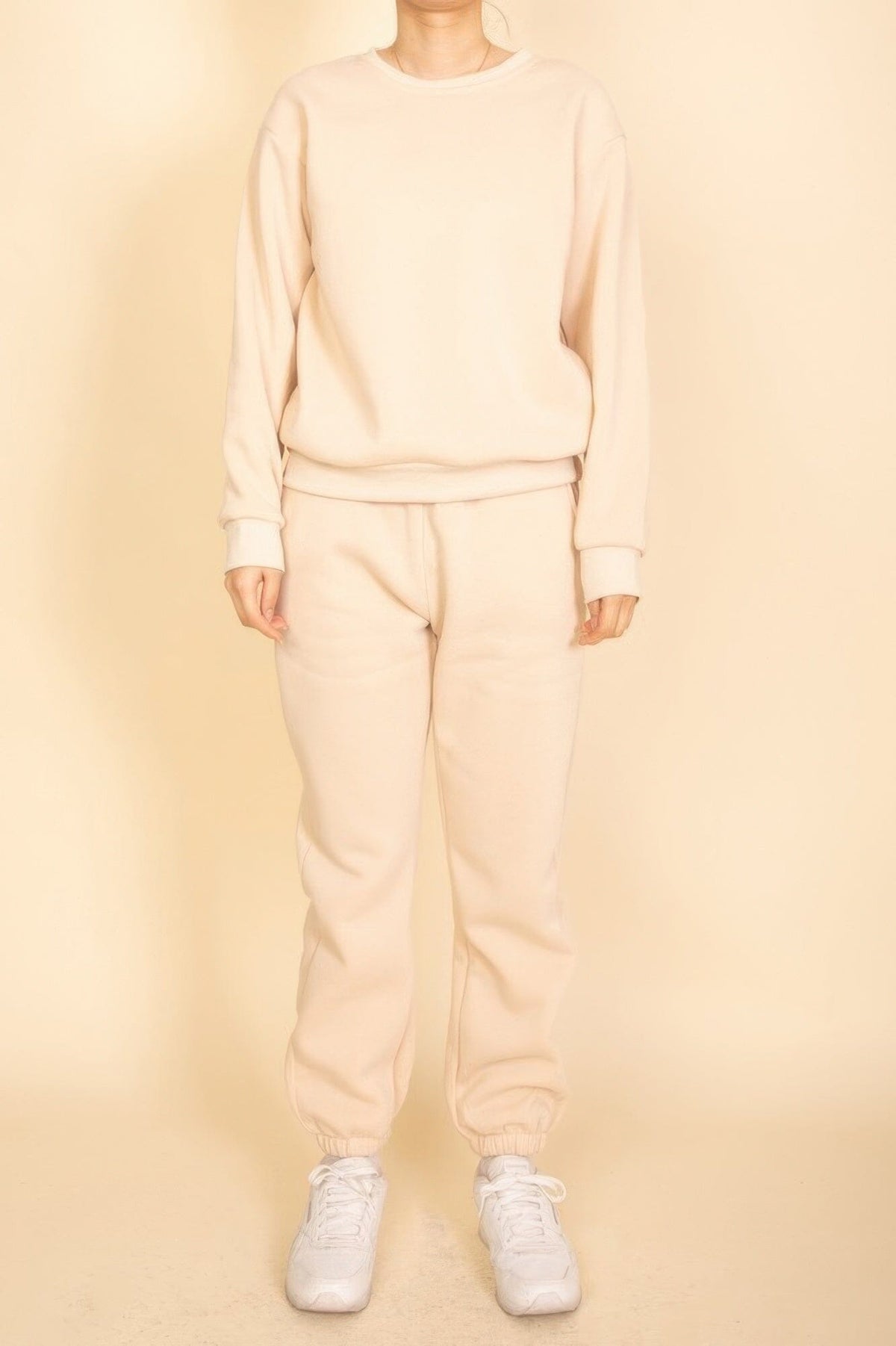 Women Classic Poly Fleece Crewneck Pullover Top Outerwear jehouze Stone S 
