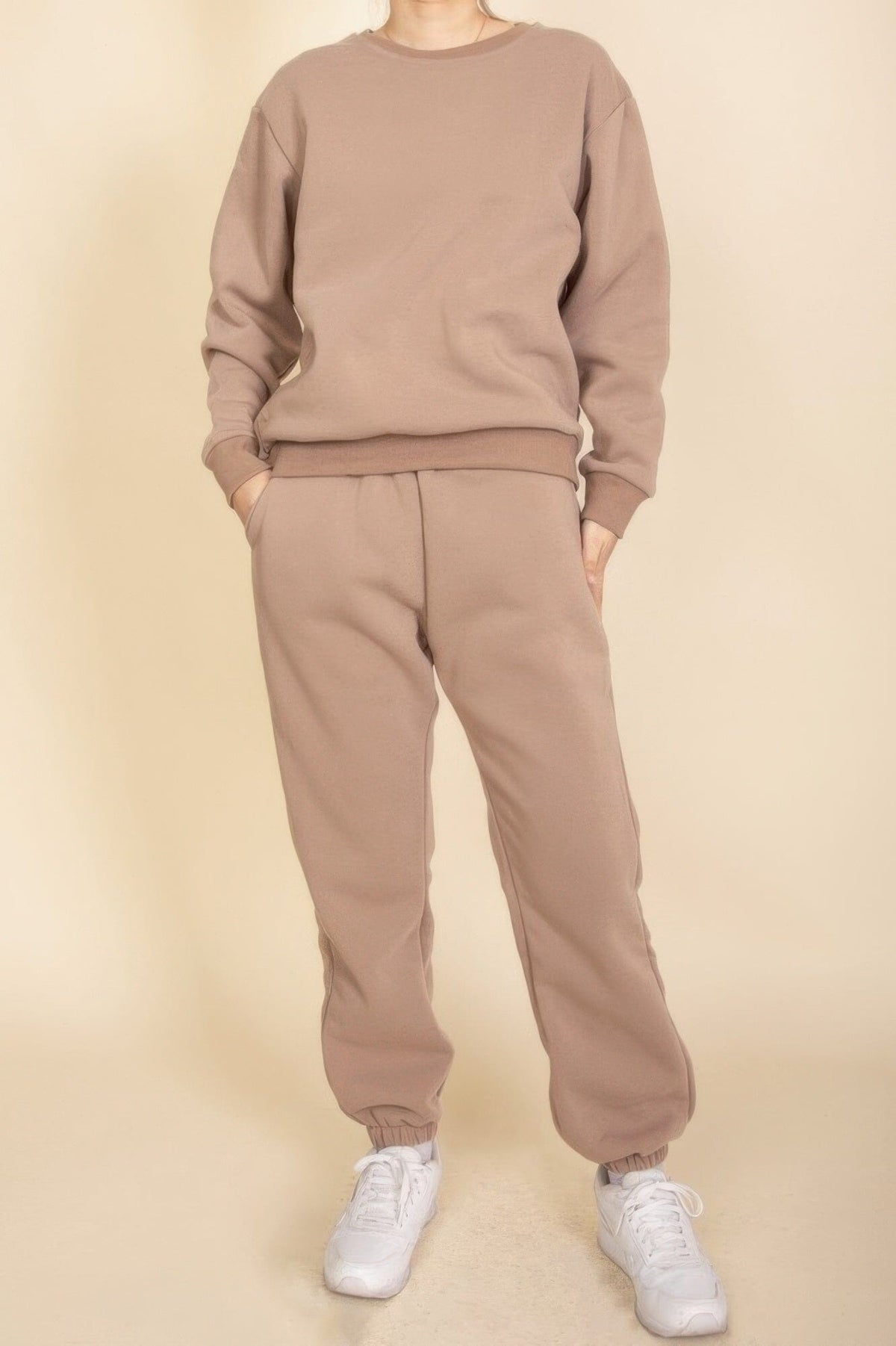 Women Classic Poly Fleece Crewneck Pullover Top Outerwear jehouze Taupe S 