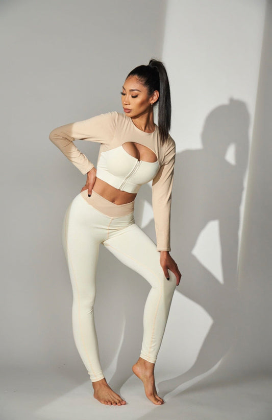 Women Color Block Leggings Pants jehouze Khaki S 