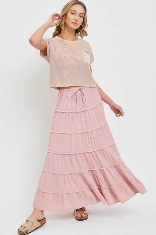 Women Cotton Gauze Tiered Maxi Skirt Skirts jehouze Pink S 