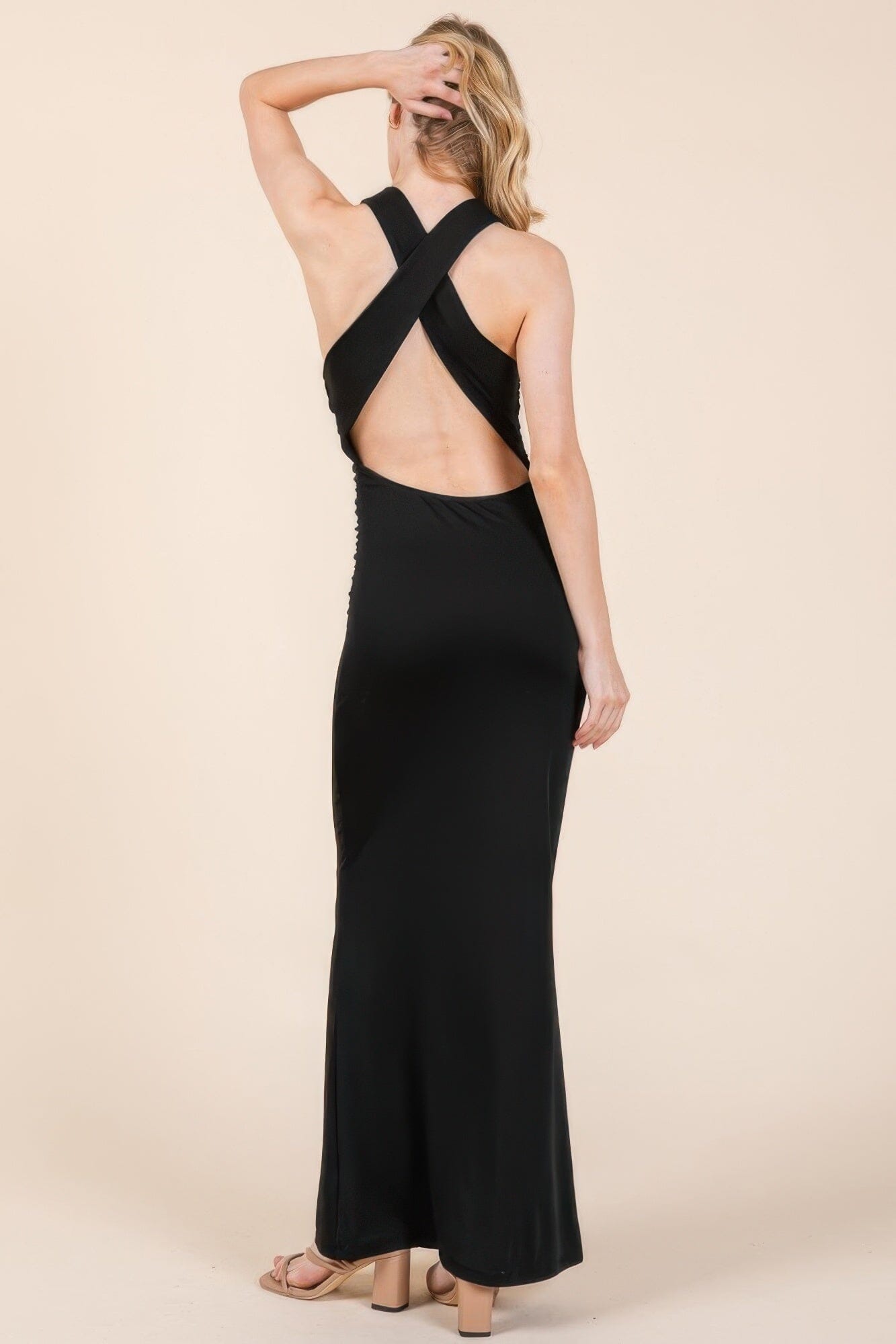 Women Cowl Neck Cross Back Shirring Maxi Dress Dresses jehouze 