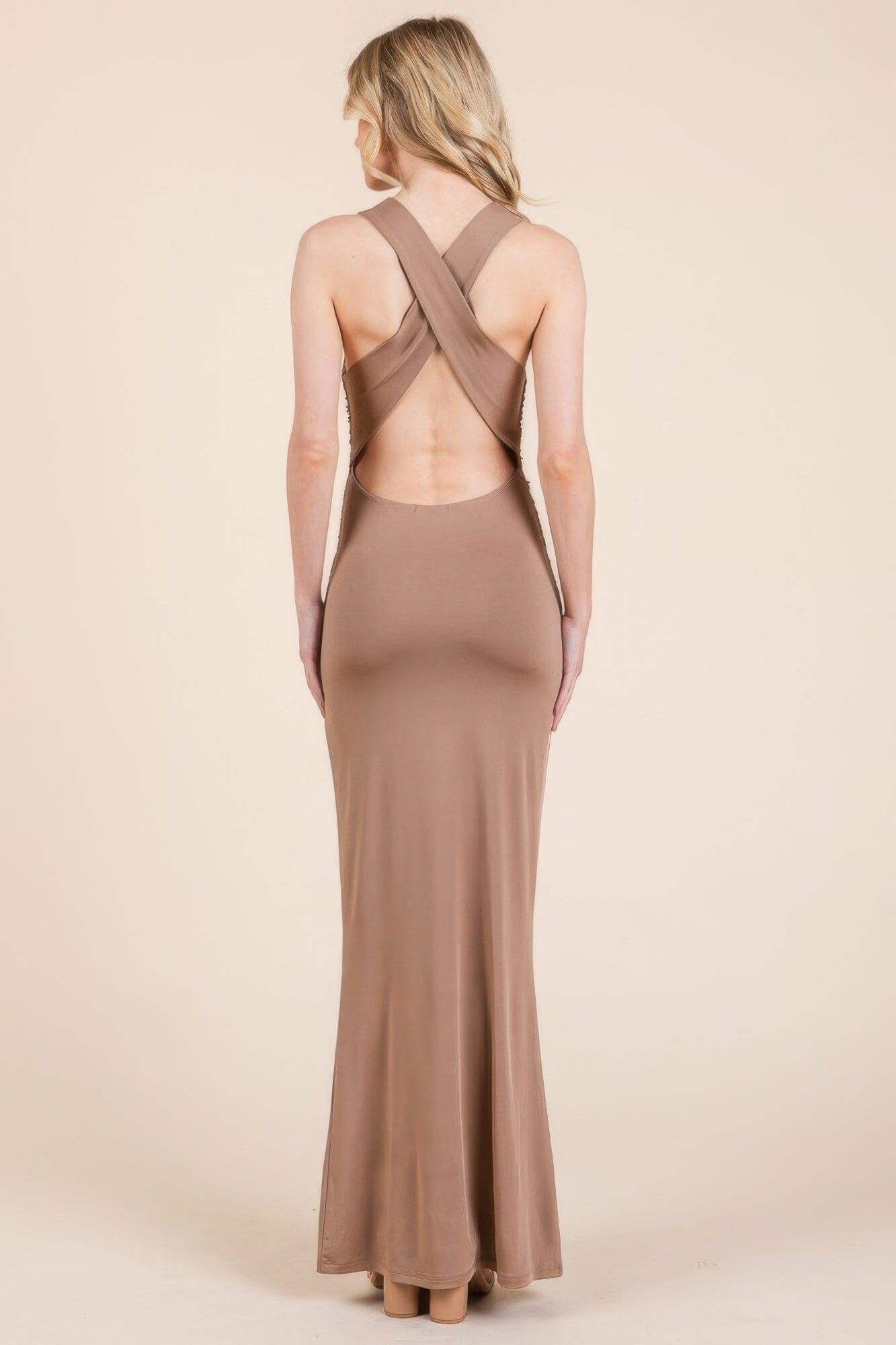 Women Cowl Neck Cross Back Shirring Maxi Dress Dresses jehouze 