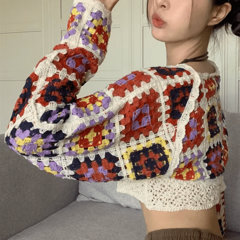 Women Crochet Bolero Shrug Cropped Long Sleeve Granny Square Cardigan Coats & Jackets jehouze 