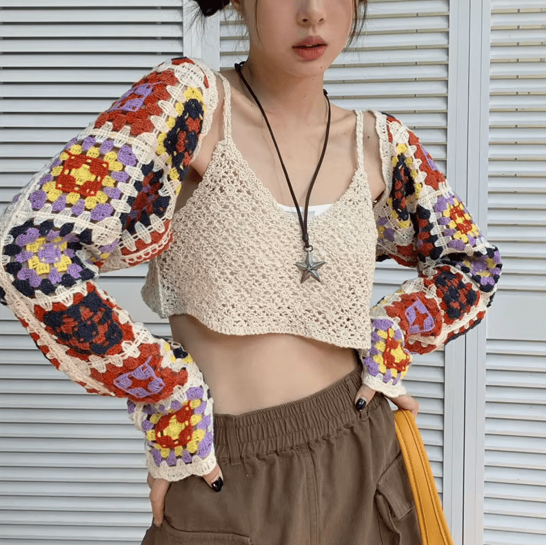 Women Crochet Bolero Shrug Cropped Long Sleeve Granny Square Cardigan Coats & Jackets jehouze 