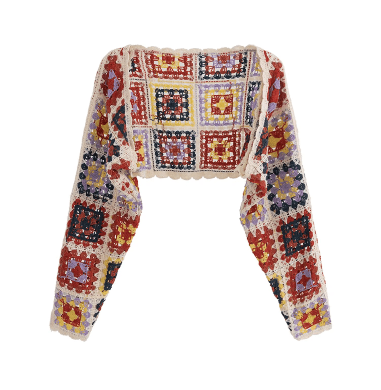 Women Crochet Bolero Shrug Cropped Long Sleeve Granny Square Cardigan Coats & Jackets jehouze Apricot 