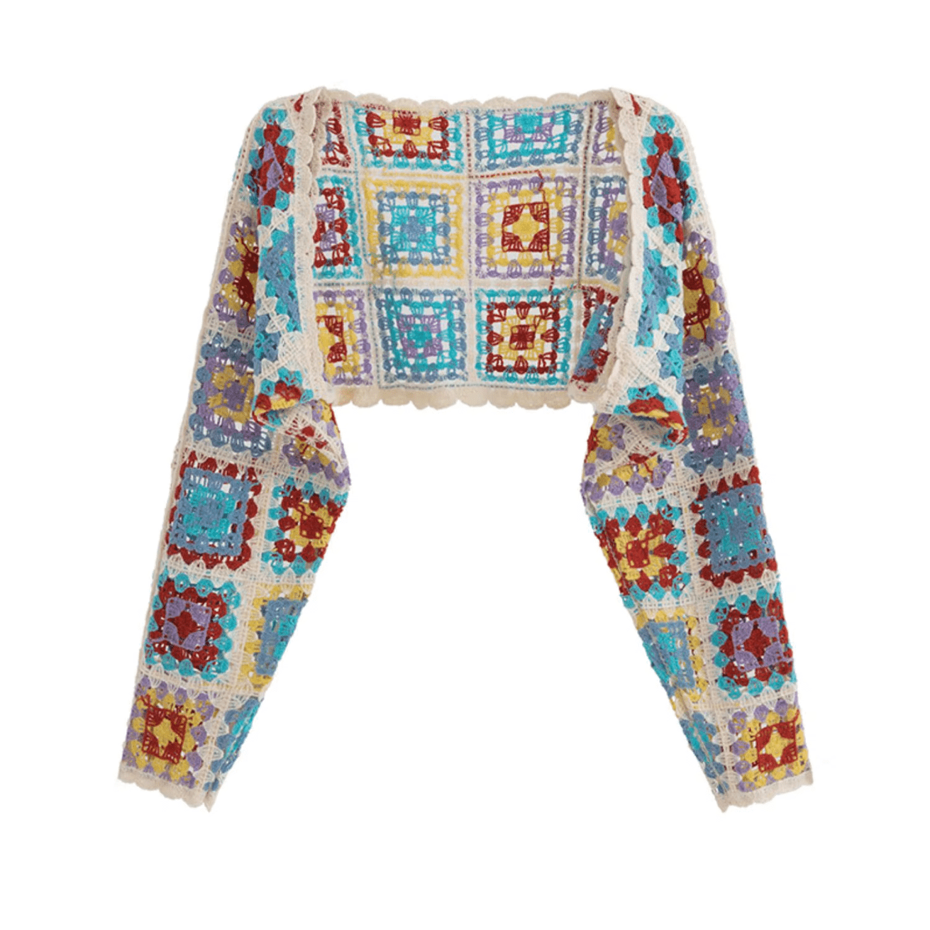 Women Crochet Bolero Shrug Cropped Long Sleeve Granny Square Cardigan Coats & Jackets jehouze Sky Blue 