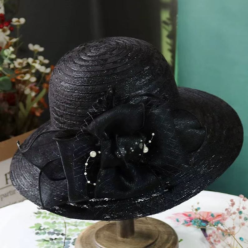 Women Derby Church Pearl Wide Brim Flower Bridal Shower Sun Hat Hat jehouze Black 