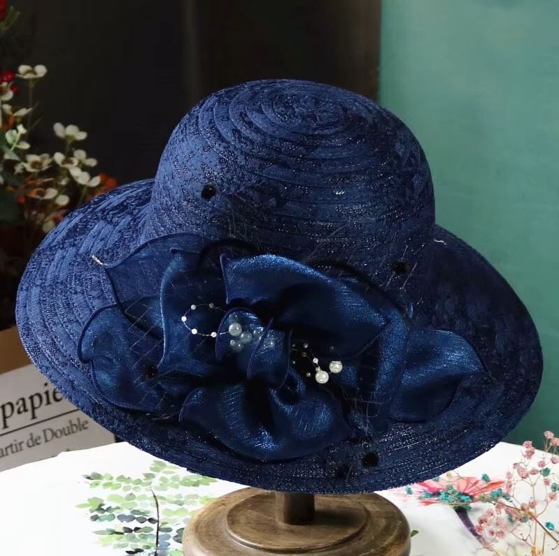 Women Derby Church Pearl Wide Brim Flower Bridal Shower Sun Hat Hat jehouze Blue 