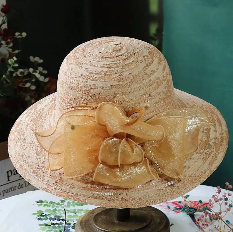Women Derby Church Pearl Wide Brim Flower Bridal Shower Sun Hat Hat jehouze Khaki 