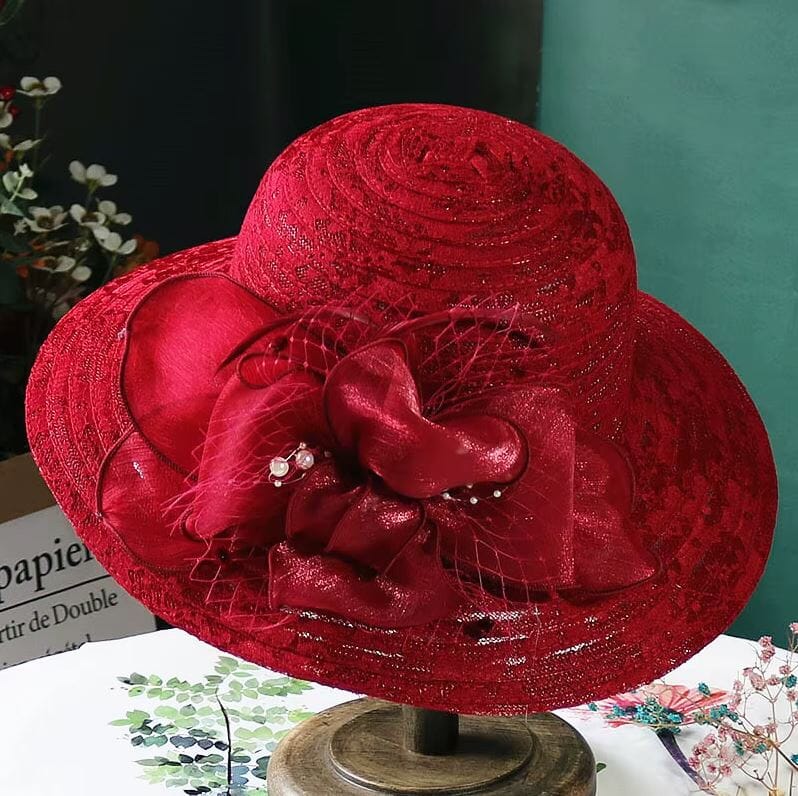 Women Derby Church Pearl Wide Brim Flower Bridal Shower Sun Hat Hat jehouze Red 