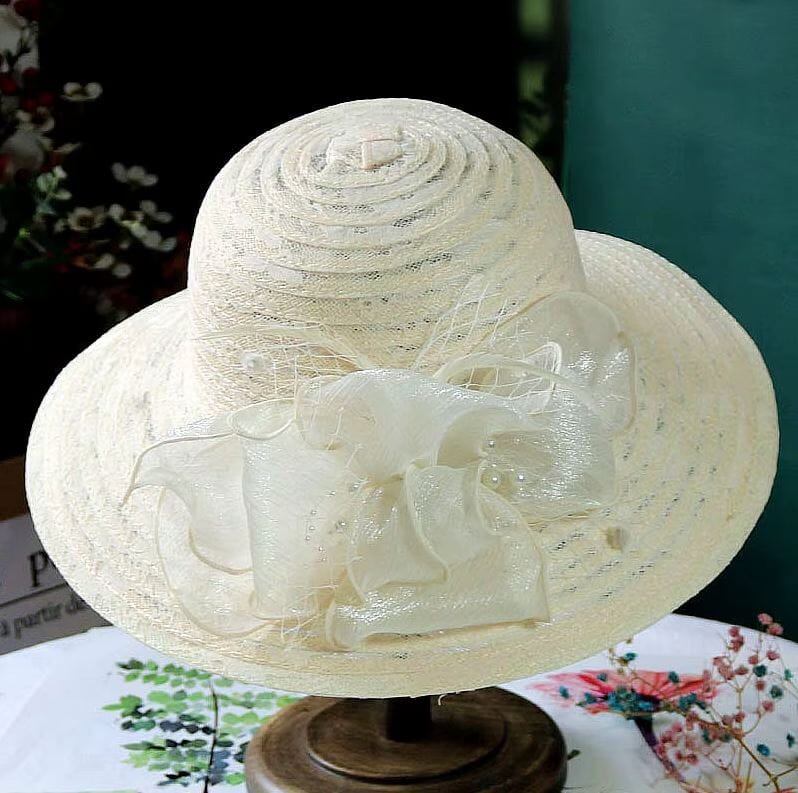 Women Derby Church Pearl Wide Brim Flower Bridal Shower Sun Hat Hat jehouze White 
