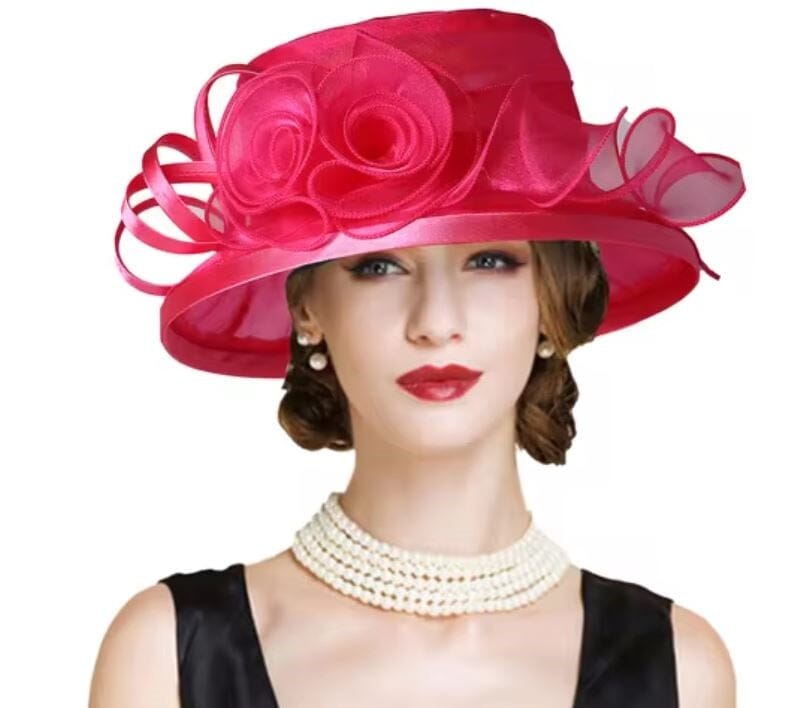 Women Derby Day Organza Large Brim Church Wedding Hat with Big Flower Hat jehouze 