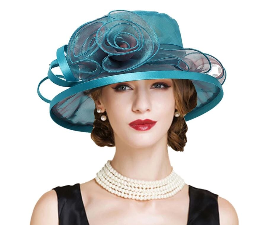 Women Derby Day Organza Large Brim Church Wedding Hat with Big Flower Hat jehouze 