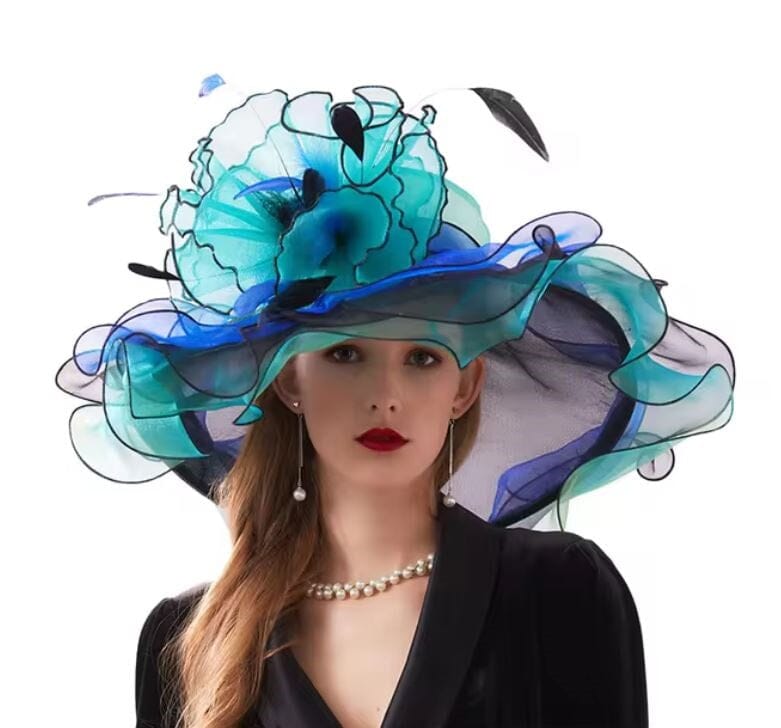 Women Derby Day Organza Large Brim Church Wedding Hat with Big Flower Hat jehouze Blue Green 