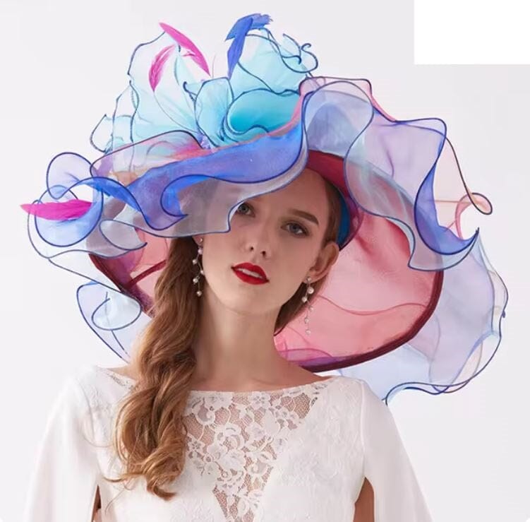 Women Derby Day Organza Large Brim Church Wedding Hat with Big Flower Hat jehouze Light Blue 