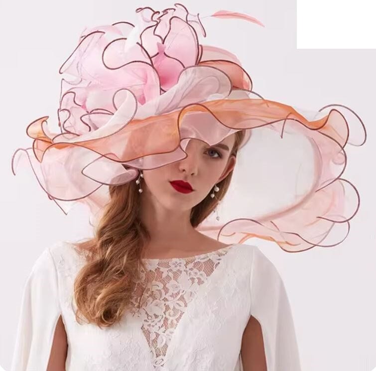 Women Derby Day Organza Large Brim Church Wedding Hat with Big Flower Hat jehouze Light Pink 