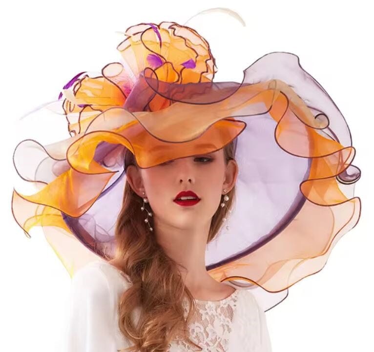 Women Derby Day Organza Large Brim Church Wedding Hat with Big Flower Hat jehouze Orange 