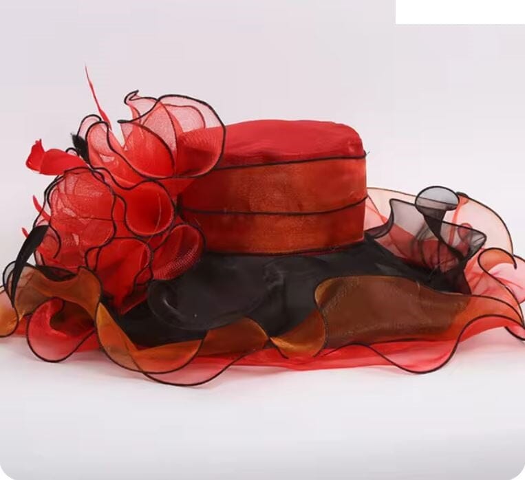 Women Derby Day Organza Large Brim Church Wedding Hat with Big Flower Hat jehouze Red 