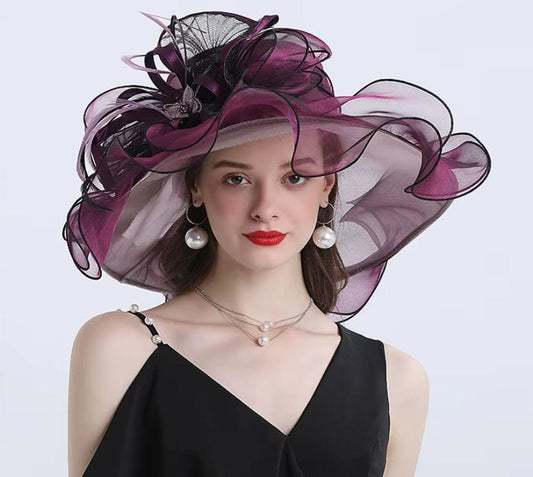 Women Derby Day Organza Large Wide Brim Church Wedding Hat with Big Flower Hat jehouze Purple Red 