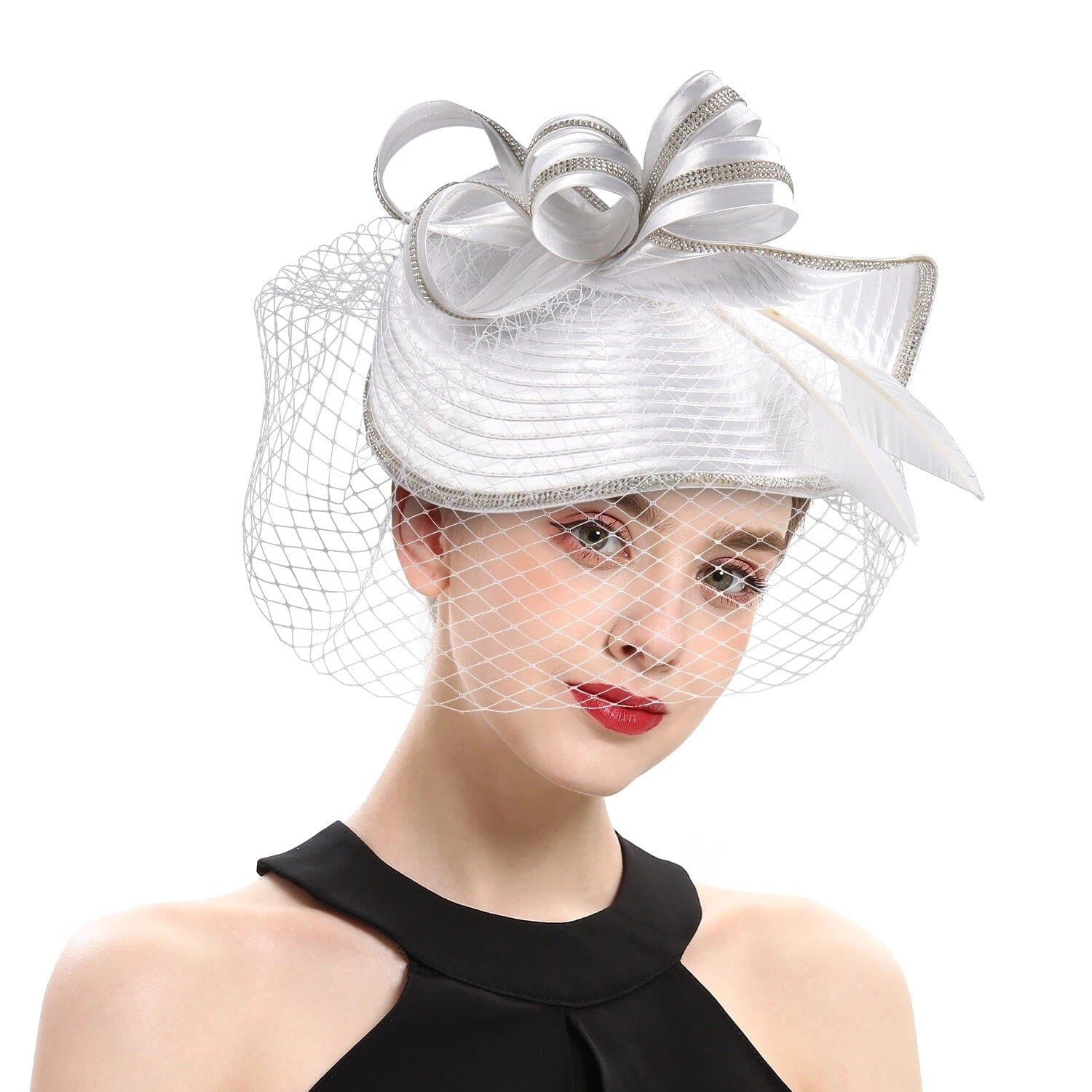 Women Diamond-studded Luxurious Banquet Wedding Dance Party Feather Headwear Fascinator Veil Hat Hat jehouze 2-white 