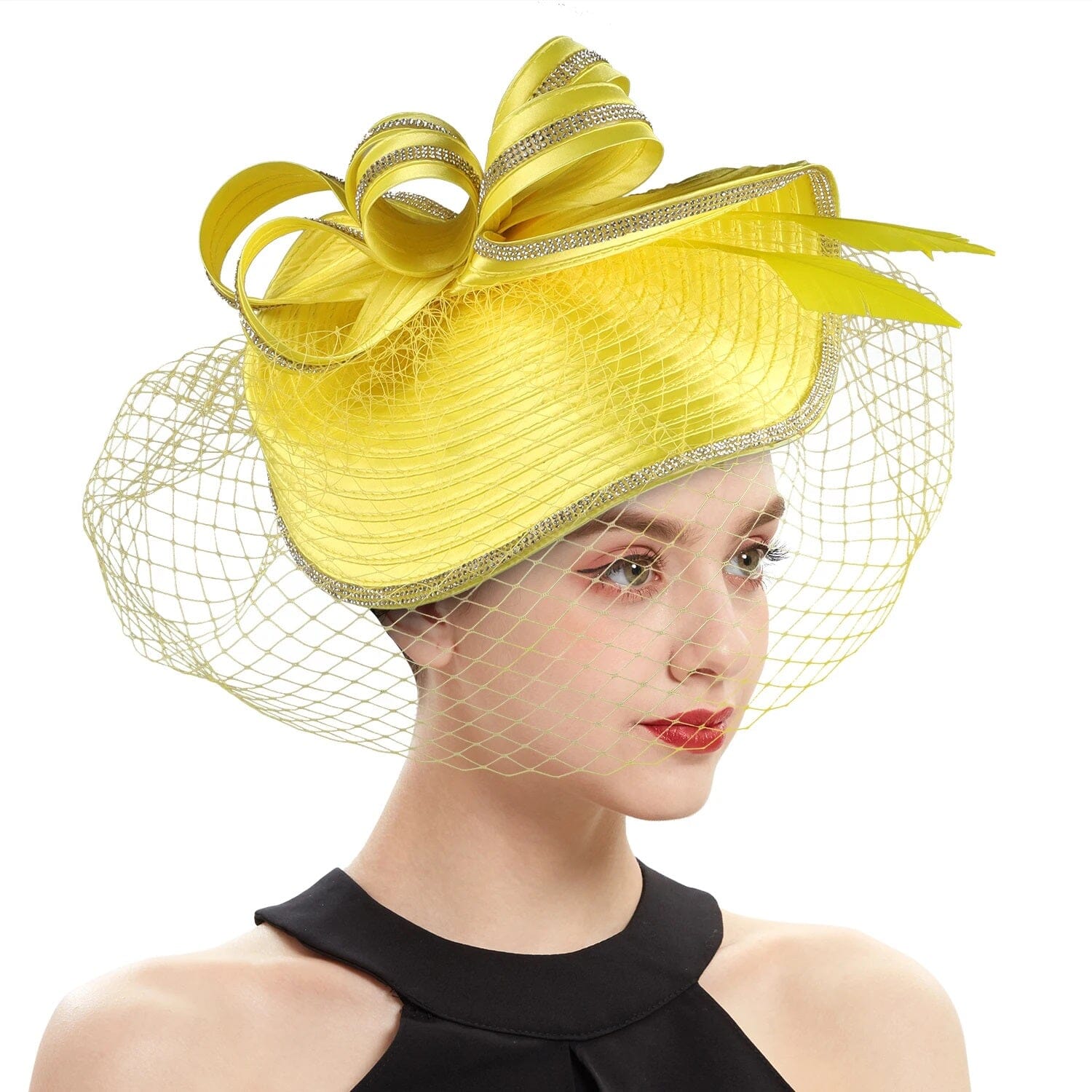 Women Diamond-studded Luxurious Banquet Wedding Dance Party Feather Headwear Fascinator Veil Hat Hat jehouze 3-yellow 