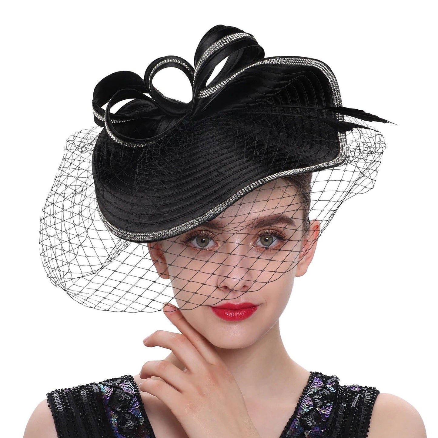 Women Diamond-studded Luxurious Banquet Wedding Dance Party Feather Headwear Fascinator Veil Hat Hat jehouze 8-black 