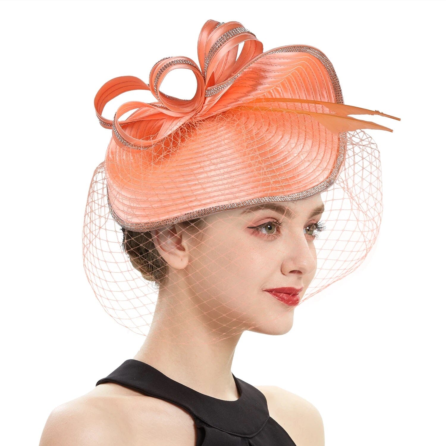 Women Diamond-studded Luxurious Banquet Wedding Dance Party Feather Headwear Fascinator Veil Hat Hat jehouze 9-peach 