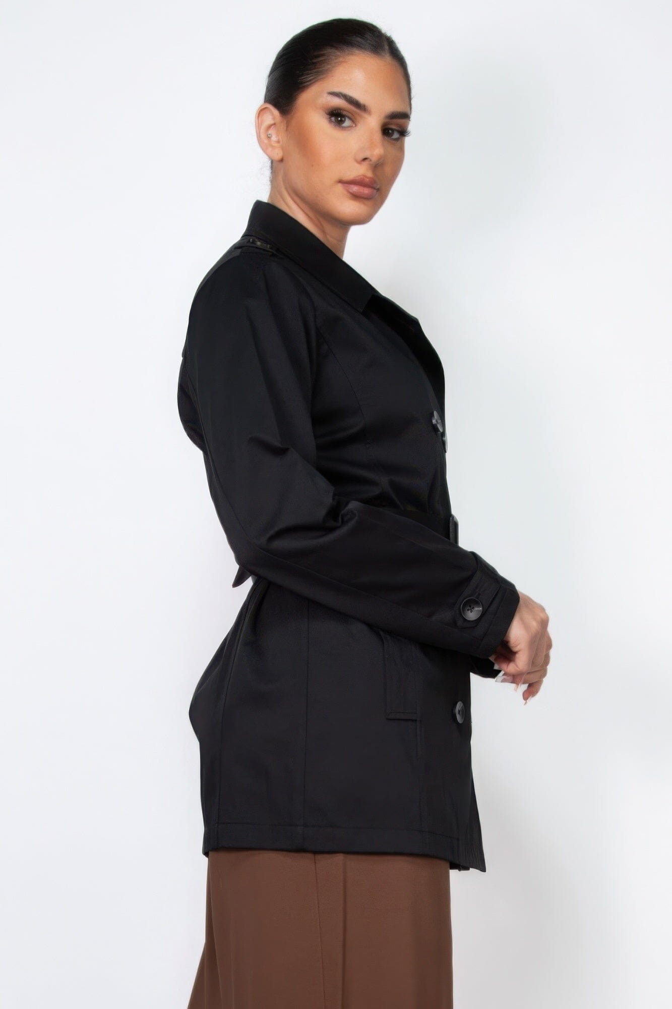Women Double-breasted Notch Belted Coat Outerwear jehouze 