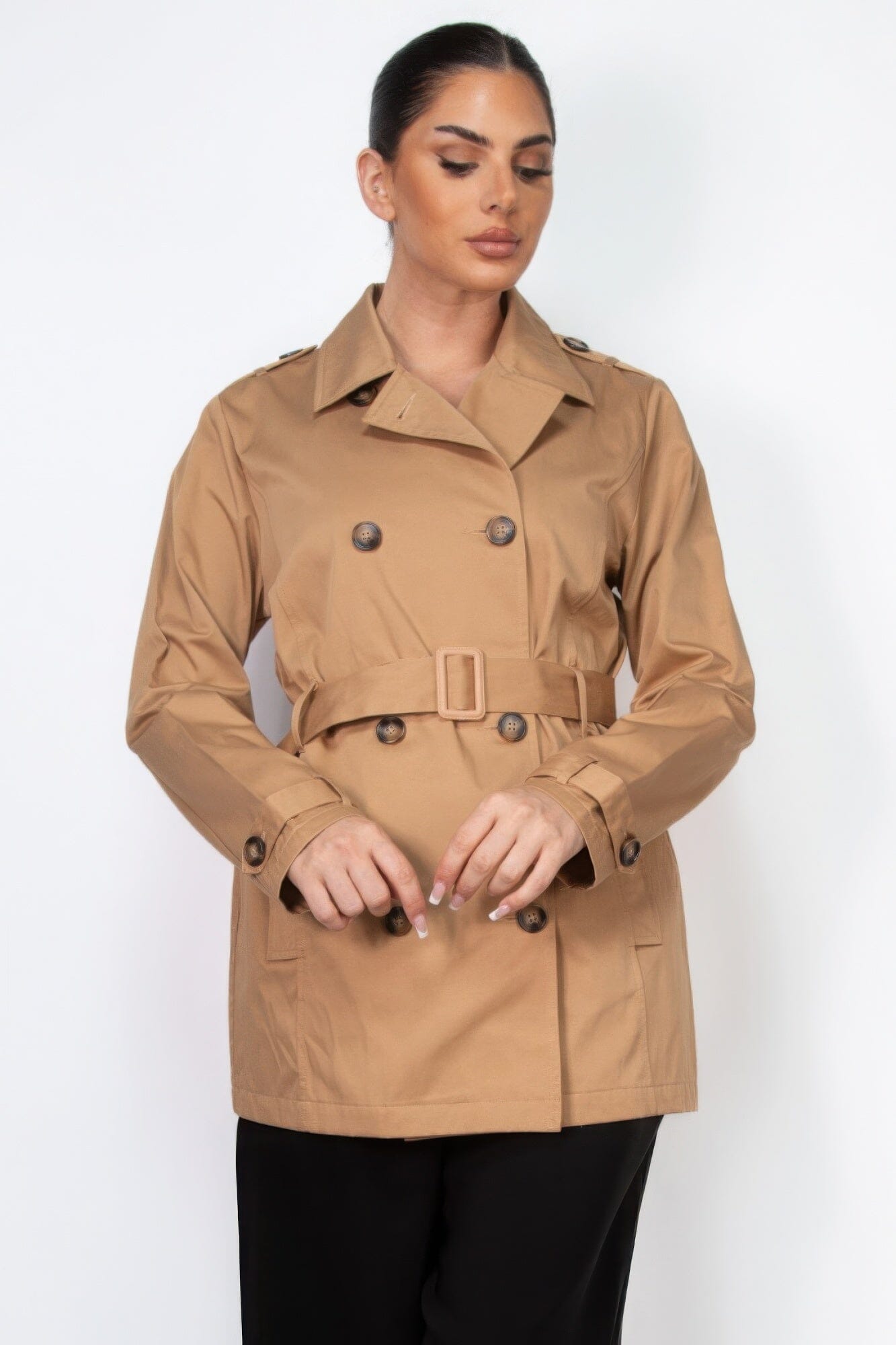 Women Double-breasted Notch Belted Coat Outerwear jehouze 