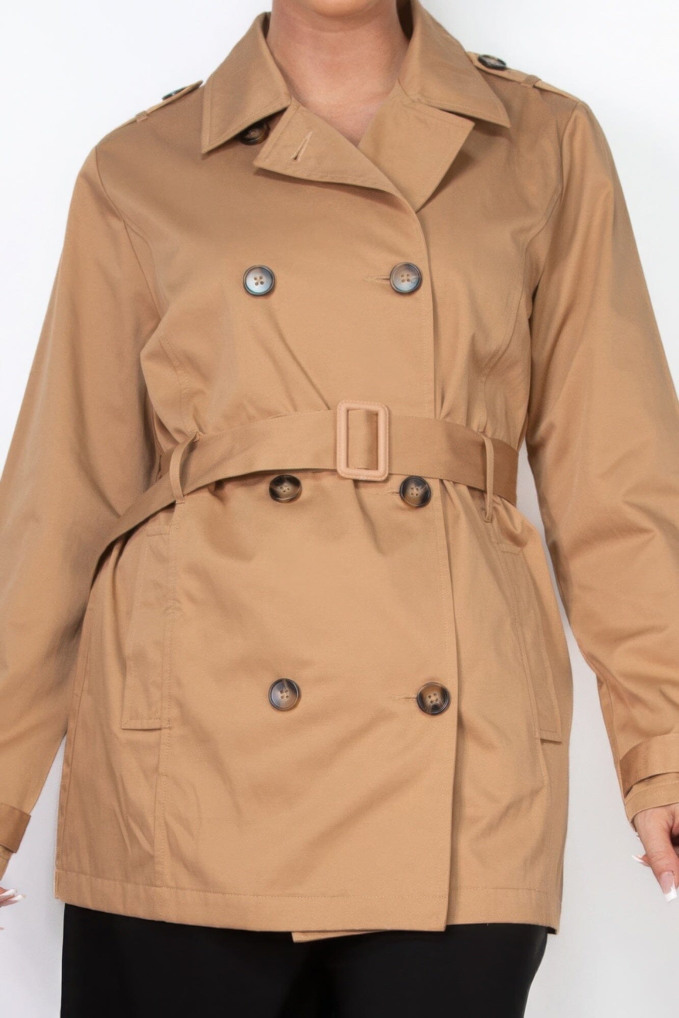 Women Double-breasted Notch Belted Coat Outerwear jehouze 