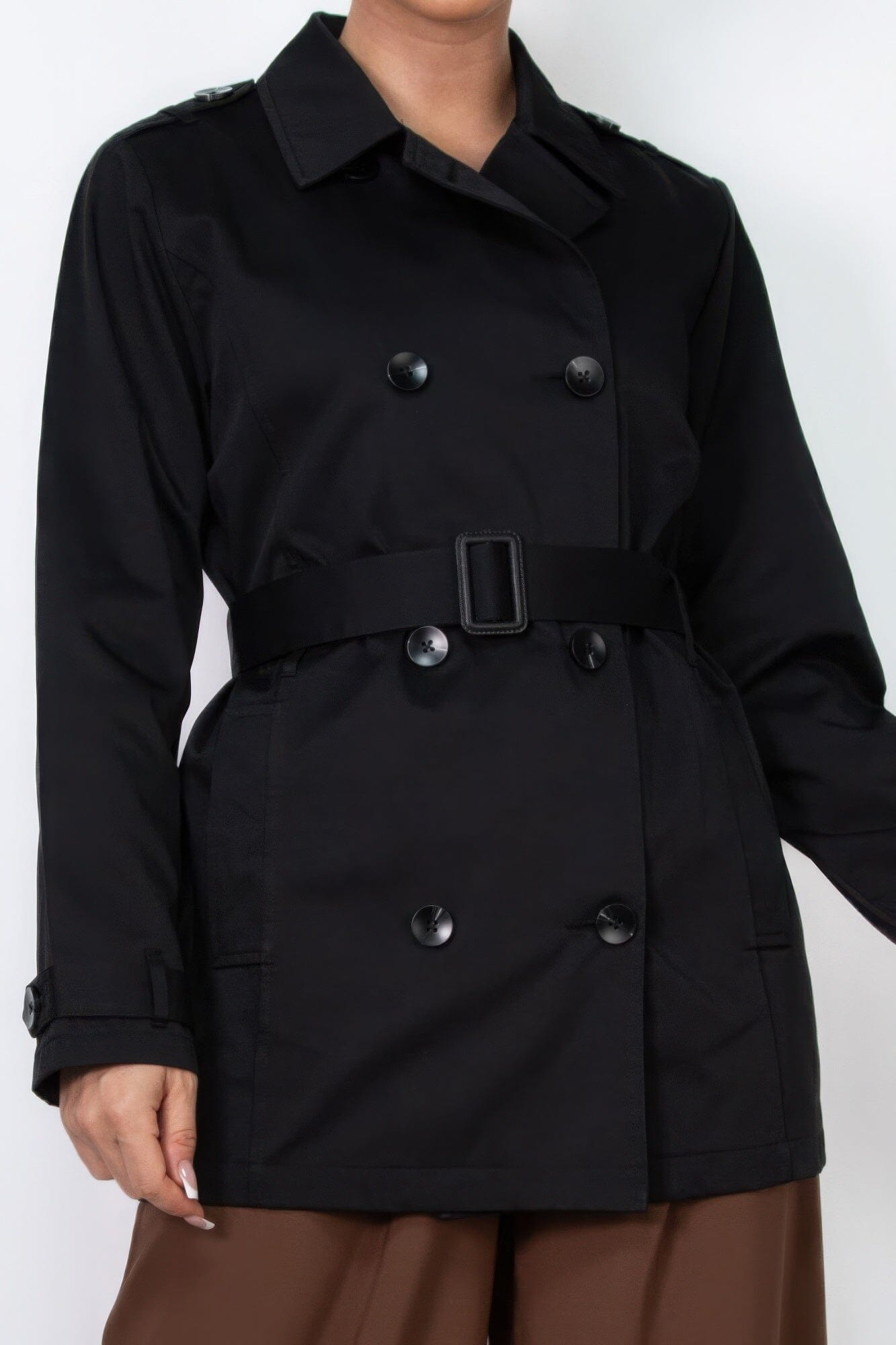 Women Double-breasted Notch Belted Coat Outerwear jehouze 