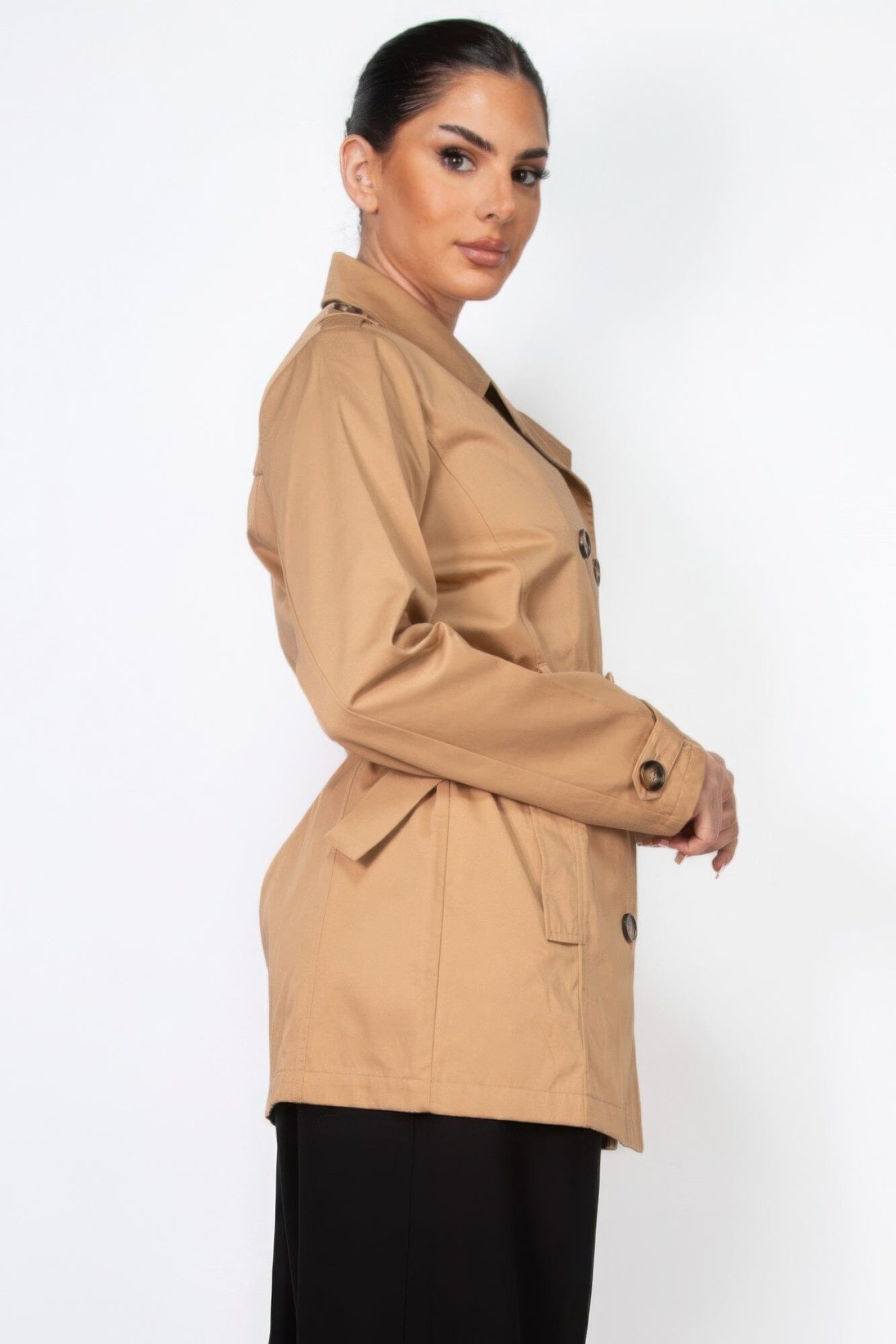 Women Double-breasted Notch Belted Coat Outerwear jehouze 