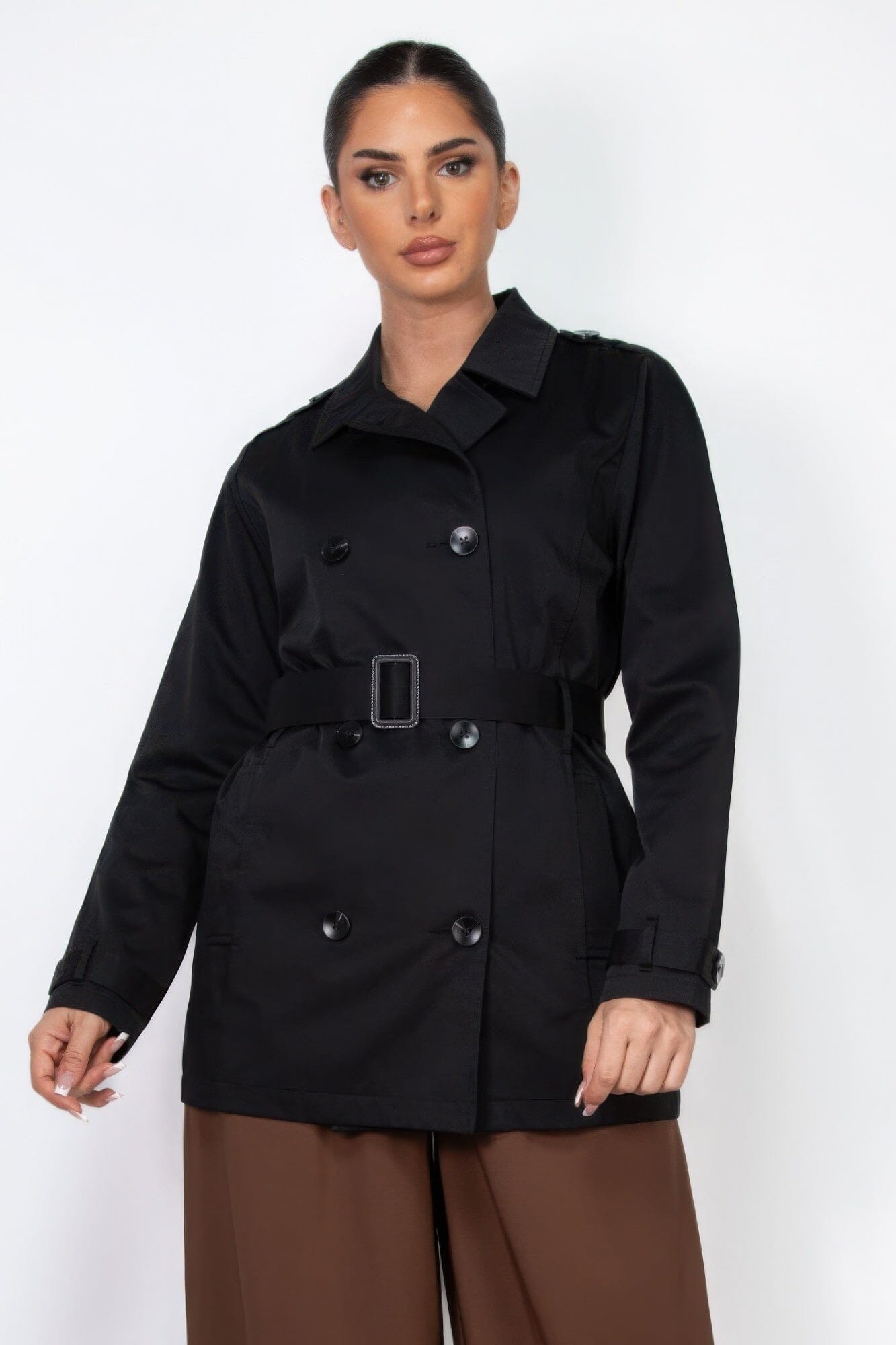 Women Double-breasted Notch Belted Coat Outerwear jehouze 