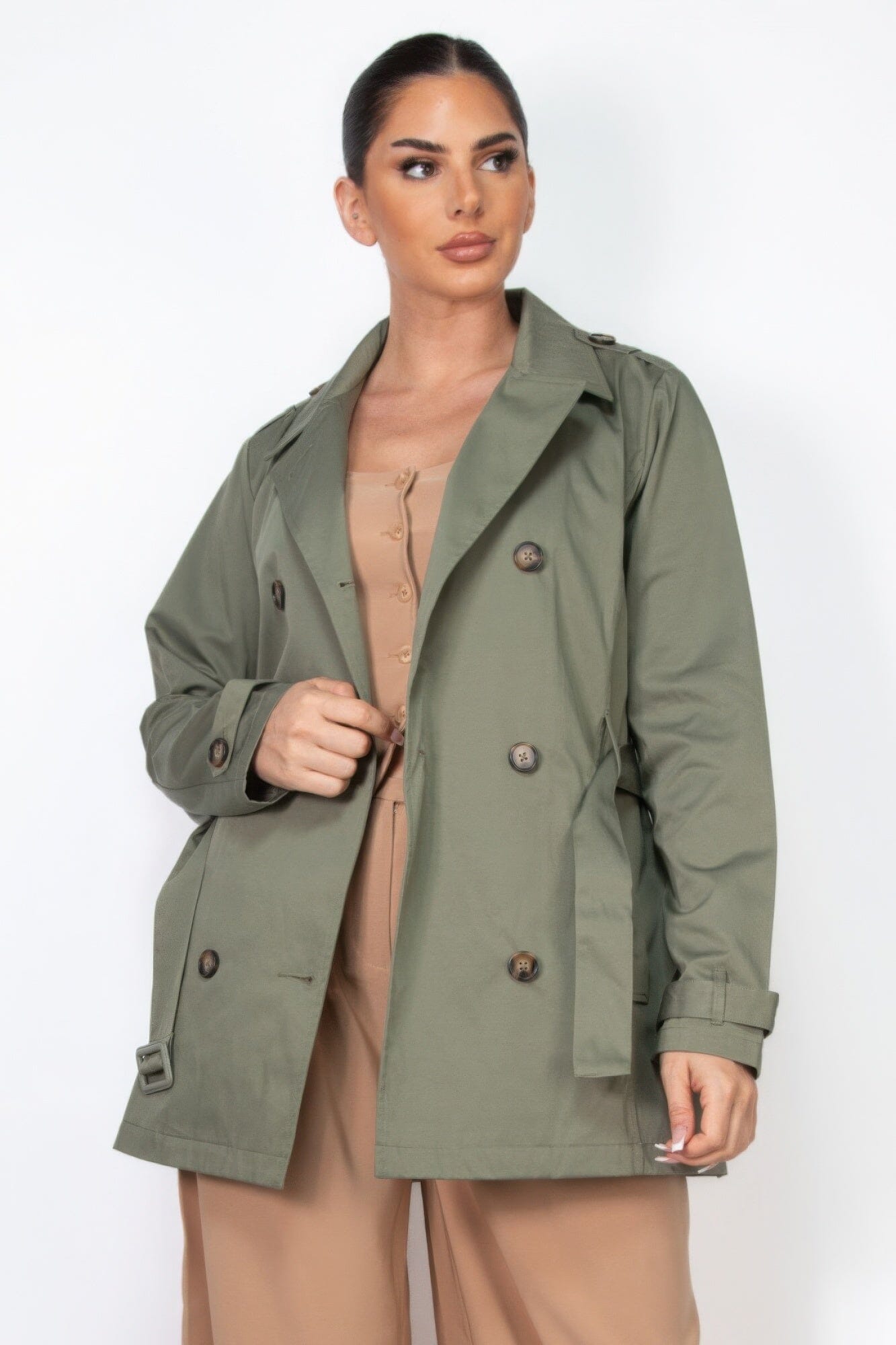 Women Double-breasted Notch Belted Coat Outerwear jehouze 