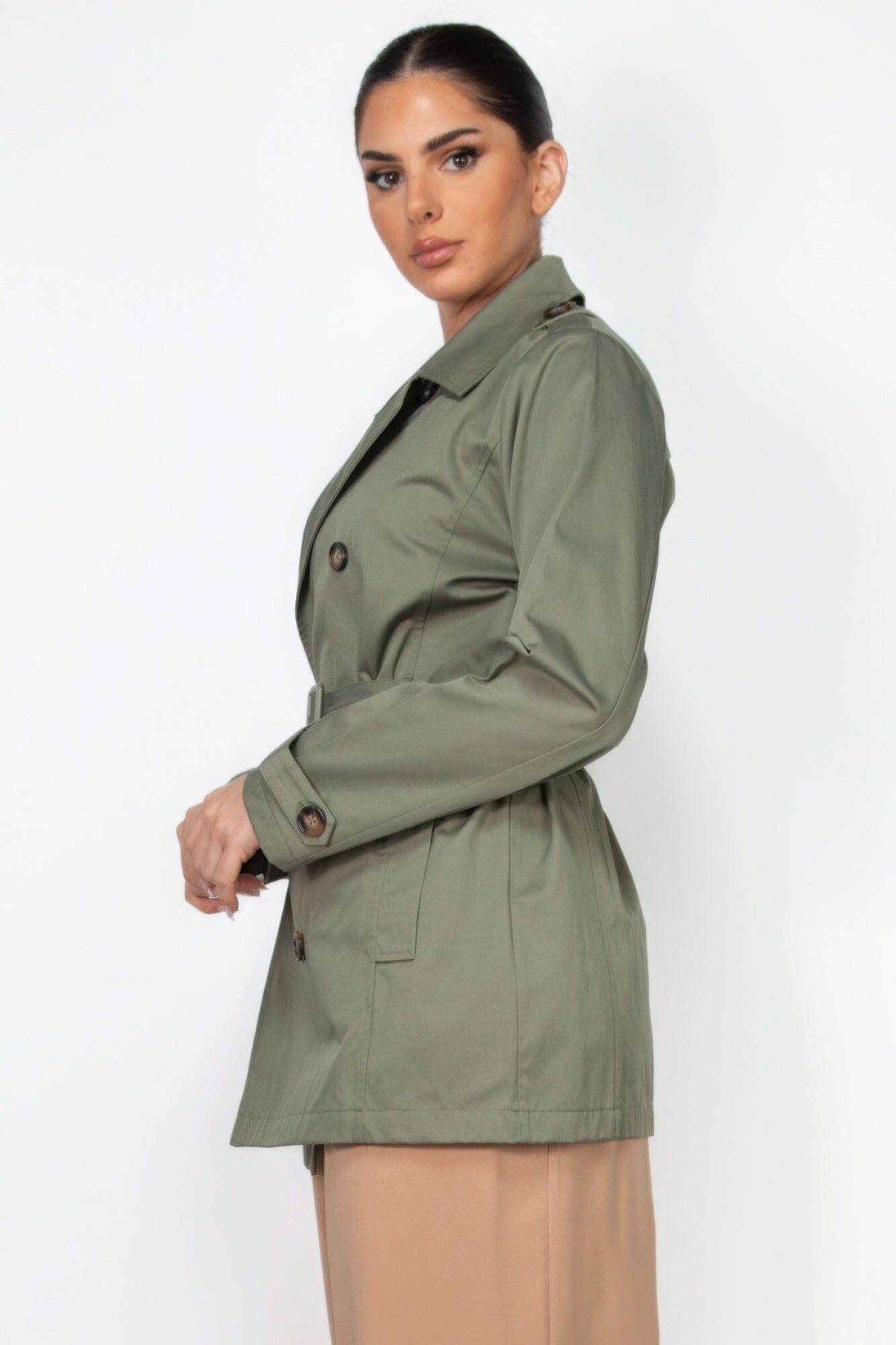 Women Double-breasted Notch Belted Coat Outerwear jehouze 