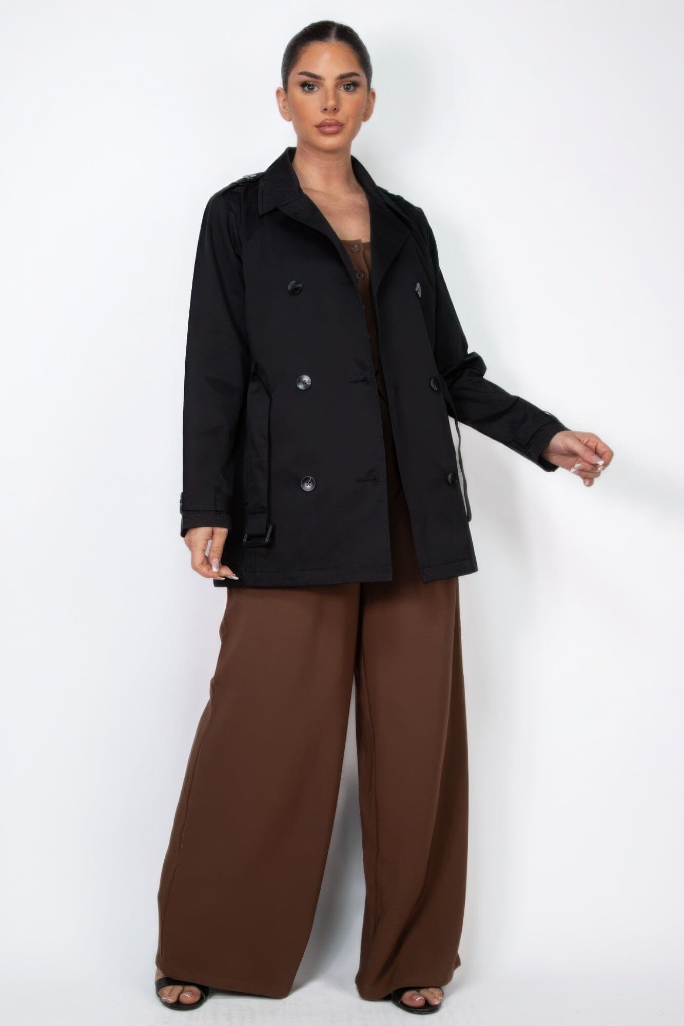 Women Double-breasted Notch Belted Coat Outerwear jehouze Black S 
