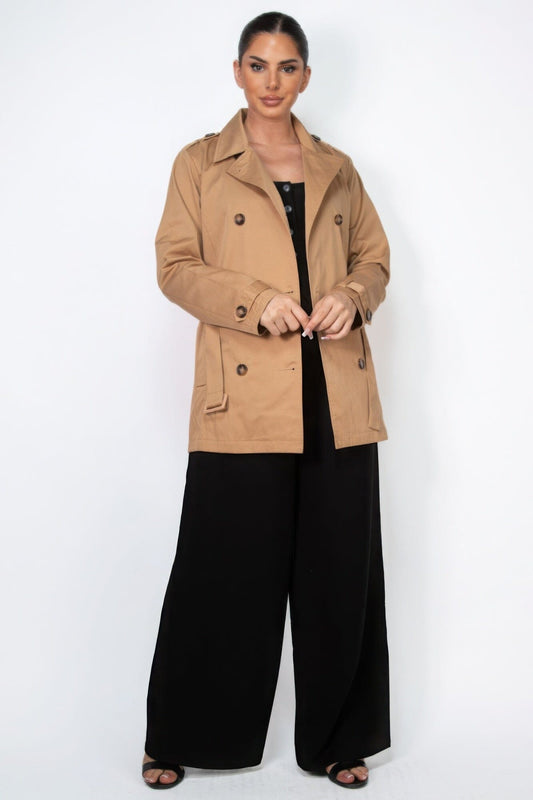 Women Double-breasted Notch Belted Coat Outerwear jehouze Camel S 