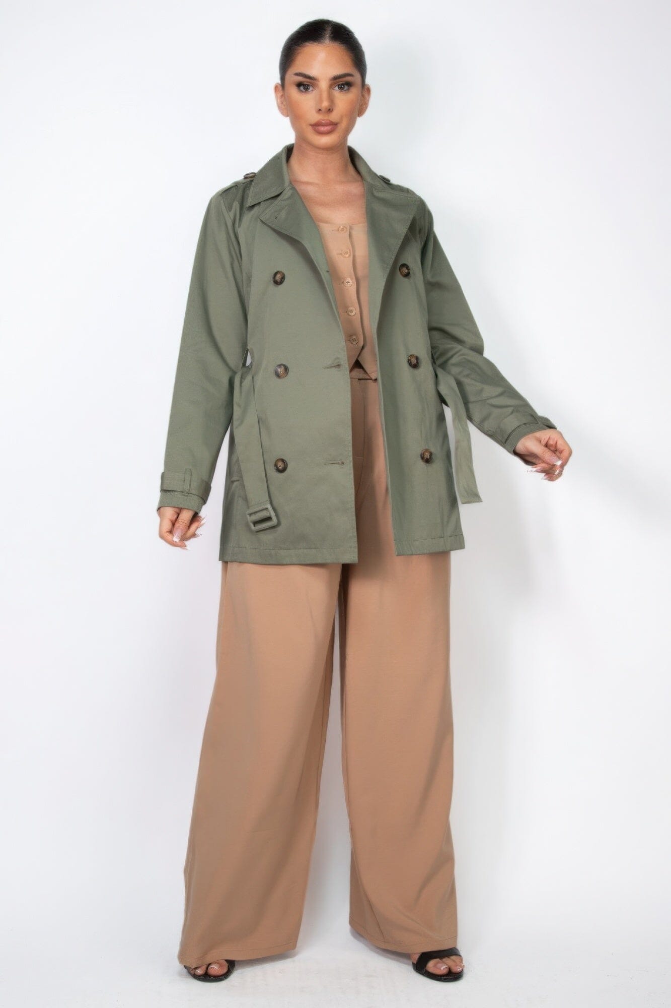 Women Double-breasted Notch Belted Coat Outerwear jehouze Dark Olive S 