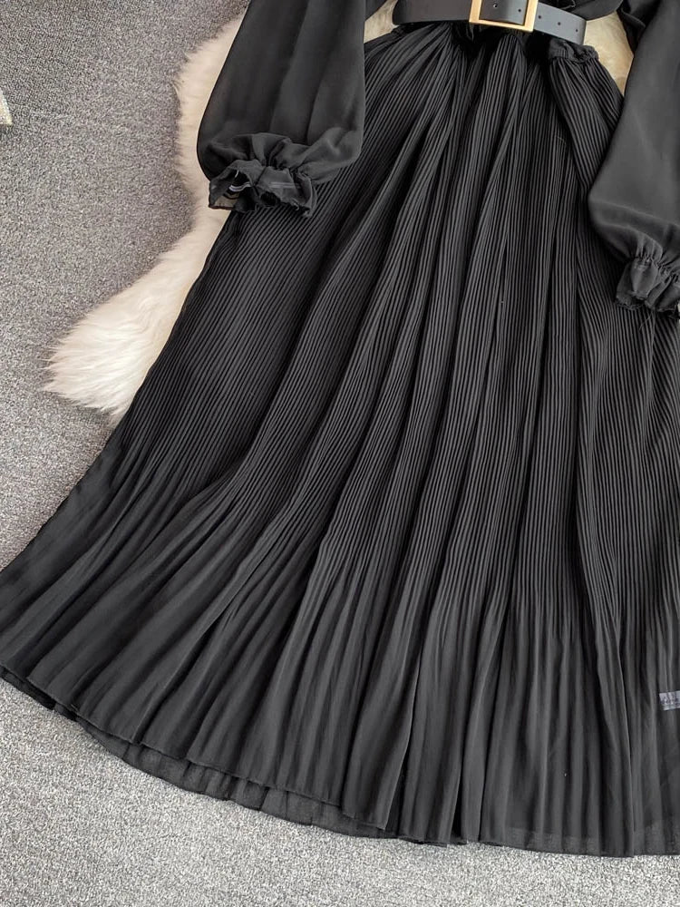 Women Elegant Belted Pleated Lantern Sleeve Long Dress Dresses jehouze 