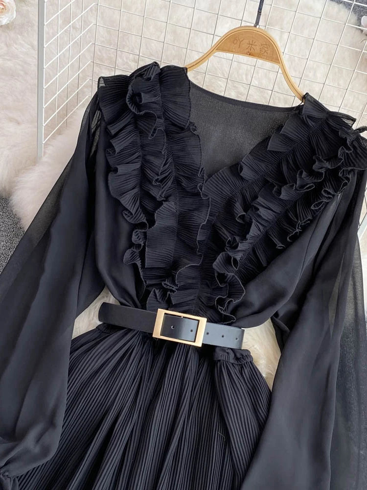 Women Elegant Belted Pleated Lantern Sleeve Long Dress Dresses jehouze 