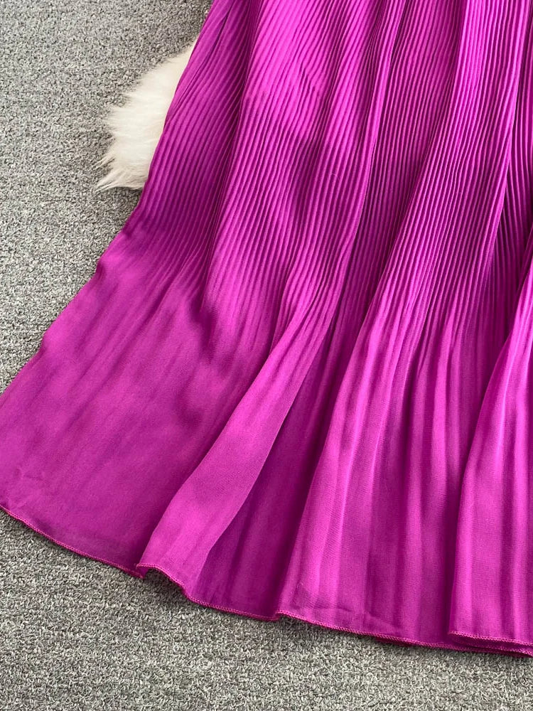 Women Elegant Belted Pleated Lantern Sleeve Long Dress Dresses jehouze 