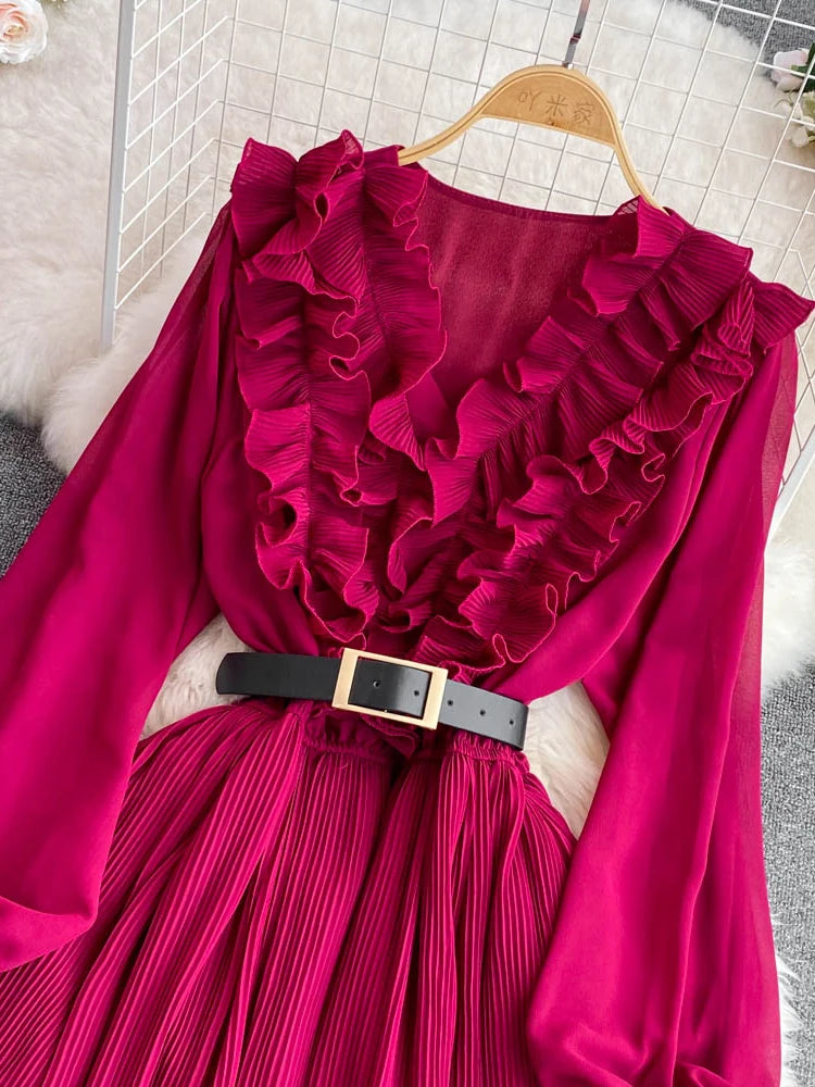 Women Elegant Belted Pleated Lantern Sleeve Long Dress Dresses jehouze 