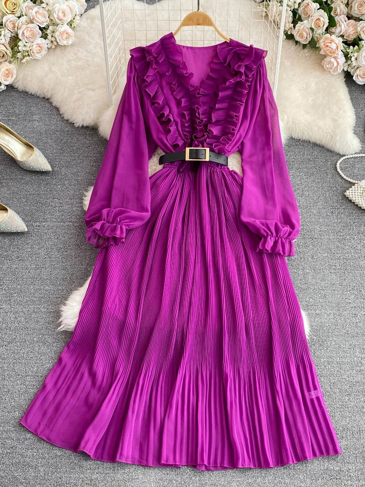 Women Elegant Belted Pleated Lantern Sleeve Long Dress Dresses jehouze Purple 