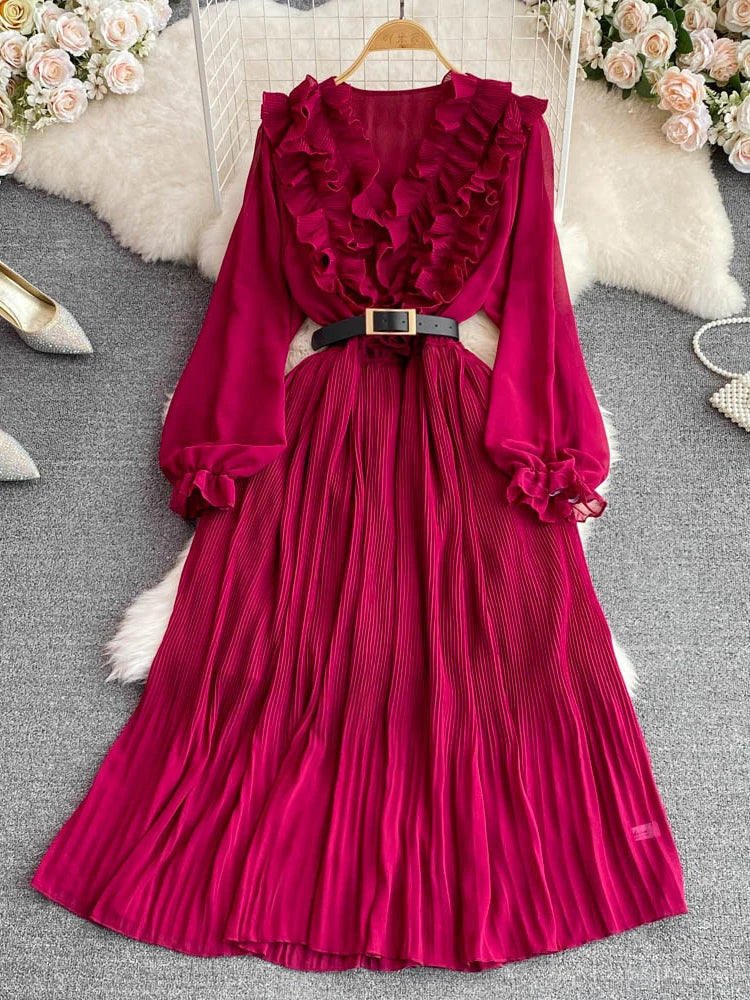 Women Elegant Belted Pleated Lantern Sleeve Long Dress Dresses jehouze Red 